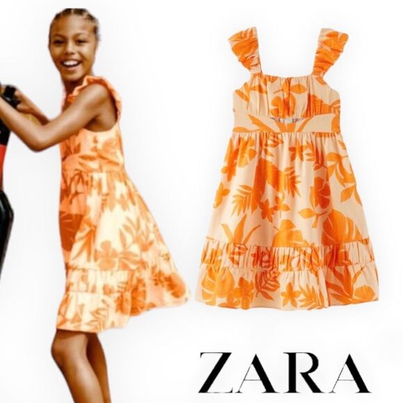 ZARA Kids | Orange | LINEN BLEND CUT OUT LEAF DRESS - Picture 1 of 7